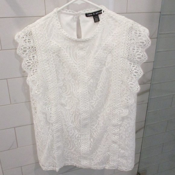 CABLE & GAUGE WHITE COTTON BLEND LACEY TOP. FULLY LINED SIZE SM - Picture 1 of 12